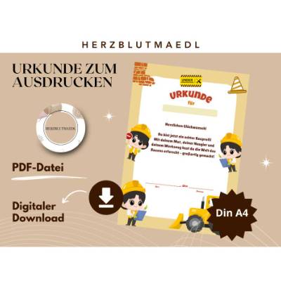 Digitale Kinderurkunde Bauprofi – A4 PDF zum Ausdrucken, Radlader & Handwerker Thema