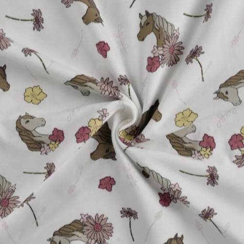 Baumwolljersey Pferde mit Blüten - 50cm - quality textiles