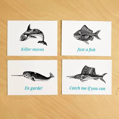 Humorvolle Siebdruck Mini Prints – Fische und Wale | 4er Set handgedruckt A6