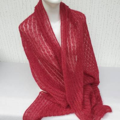 Stola aus Mohair & Seide in Dunkelrot – Elegantes Lacetuch, Handarbeit, Schultertuch