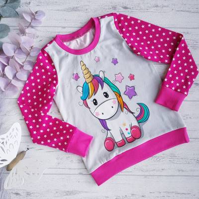 Einhornshirt Größe 92, Longsleeve mit Regenbogen-Einhorn, Einhornpullover in pink