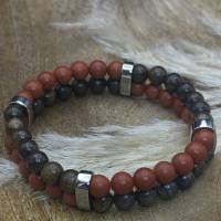 Handgefertigtes Unisex Zweireihiges 6mm Naturstein-Armband aus rotem AA Jaspis, Bronzit & Edelstahl Doppel-Loch Perlen