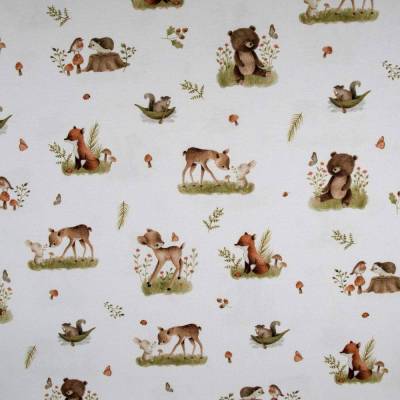 Baumwolljersey Stoff "Kleine Waldtiere" Hase Fuchs Rehkitz Bär creme