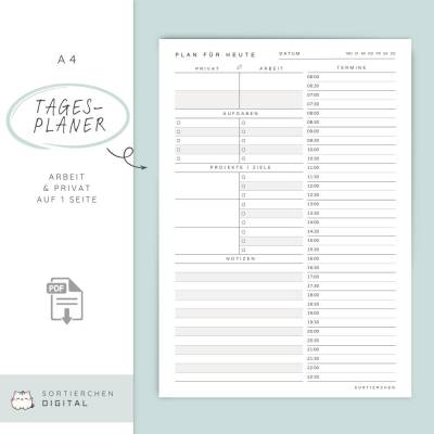Tagesplaner PDF | A4 Tagesstruktur für Arbeit und Privat | Printable zum Ausdrucken | To Do-Liste, Ziele, 