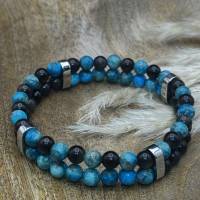 Zweireihiges 6mm Naturstein-Armband Südafrikanischer Türkis & Silber Obsidian – Edelstahl Doppel-Loch Perlen