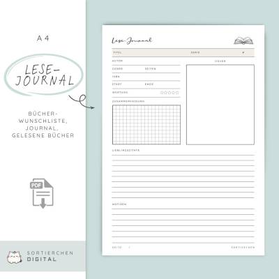 Leseliste & Lesejournal A4 PDF | Lesetagebuch zum Ausdrucken | Bücher Wunschliste & Gelesene Bücher Übersicht