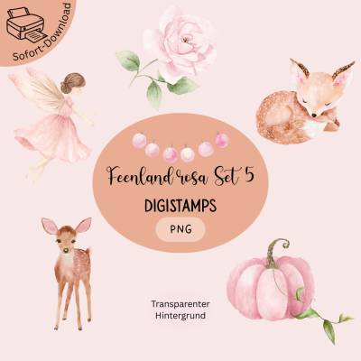 DigiStamp-Set Feenland Rosa Set 5: fünf zauberhafte PNG-Motive für Karten, Basteln & Scrapbooking