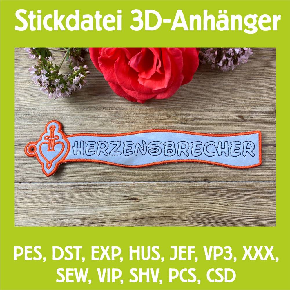 Stickdatei 3D-Anhänger HERZENSBRECHER, Maschinenstickerei, Stickmuster mit Trapunto-Effekt, 3D-Stick, Lesezeich Bild 1