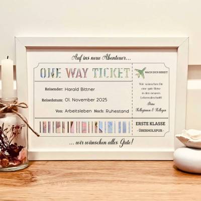 Personalisierter Geldrahmen zur Rente – Reiseticket-Design für Geldgeschenke & Gutscheine zum Ruhestand