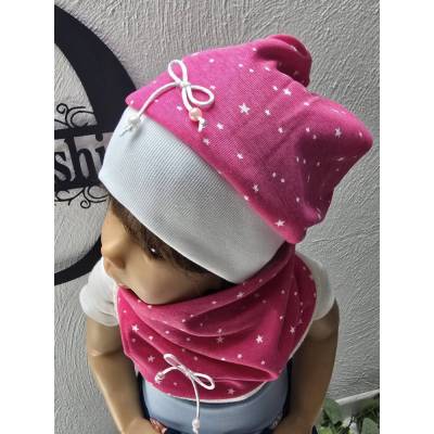 Kinder-Set Mütze & Halstuch – Größe 48–52 cm – weiche Baumwolle, gefüttert – Rosa mit Sternen