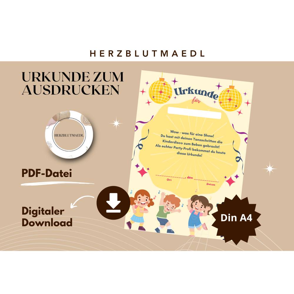Urkunde für Kinderdisco – Teilnahmeurkunde für Kindergeburtstag, Tanzparty & Kinderdisco in Gelb Bild 1