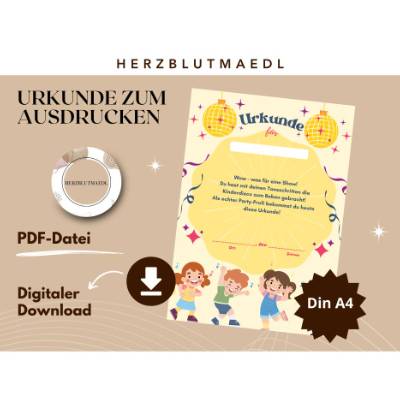 Urkunde für Kinderdisco – Teilnahmeurkunde für Kindergeburtstag, Tanzparty & Kinderdisco in Gelb