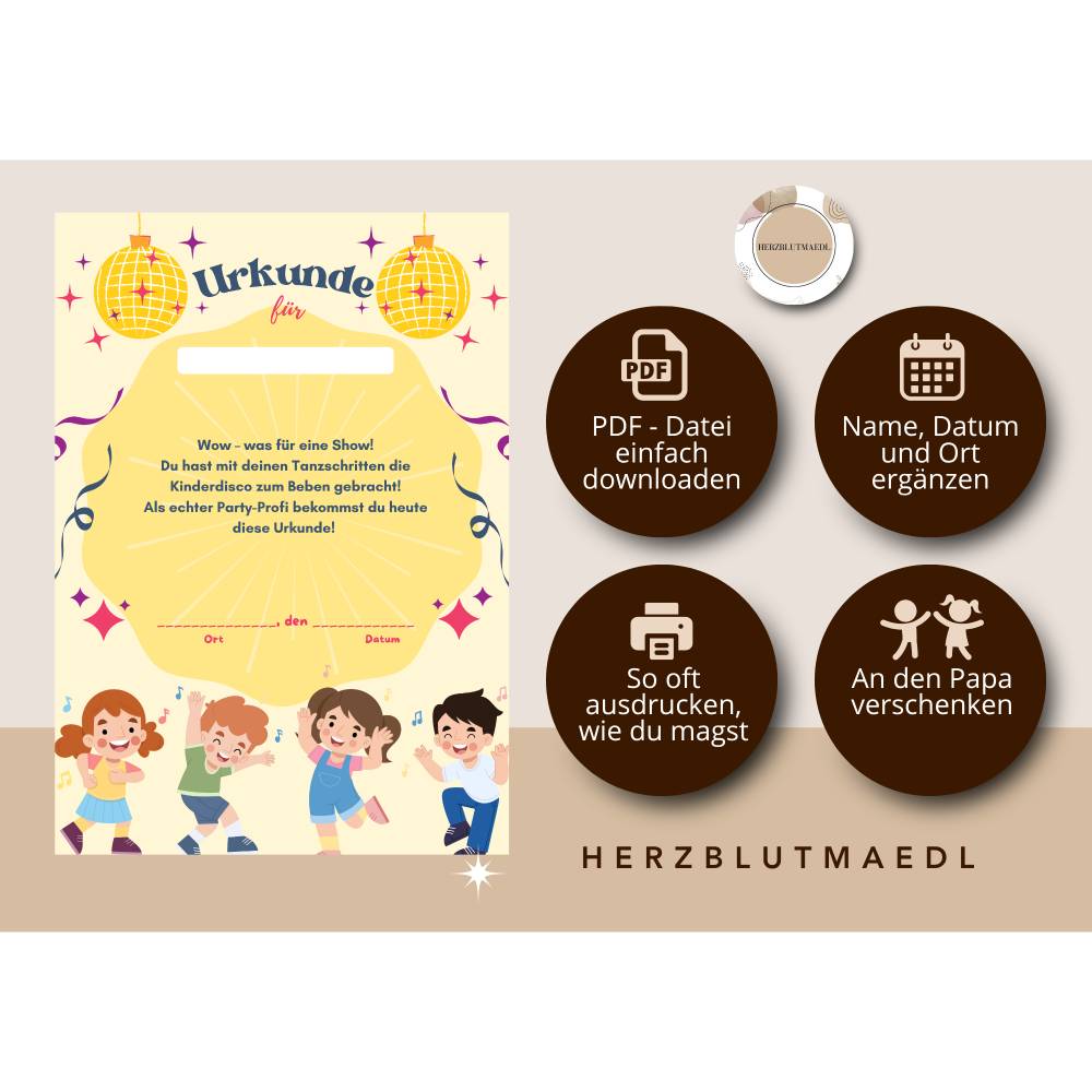 Urkunde für Kinderdisco – Teilnahmeurkunde für Kindergeburtstag, Tanzparty & Kinderdisco in Gelb Bild 2