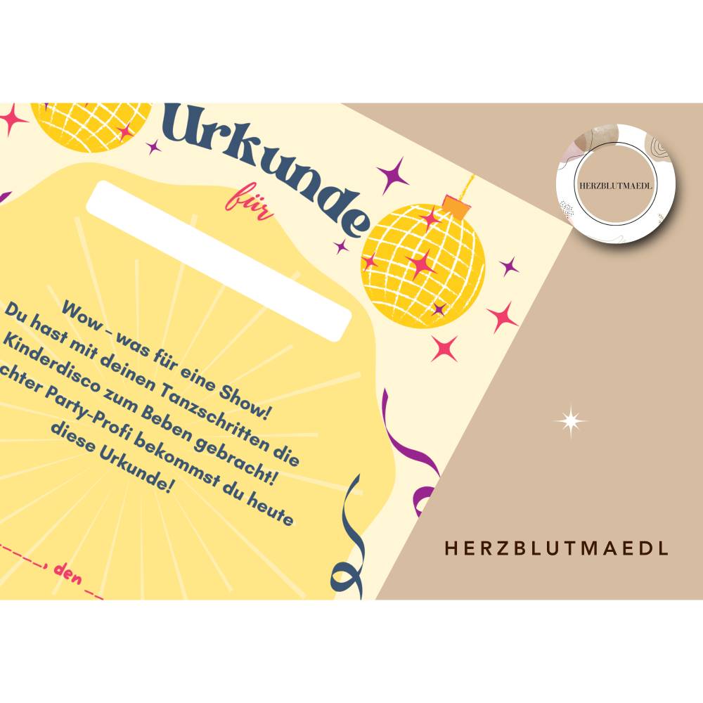Urkunde für Kinderdisco – Teilnahmeurkunde für Kindergeburtstag, Tanzparty & Kinderdisco in Gelb Bild 4