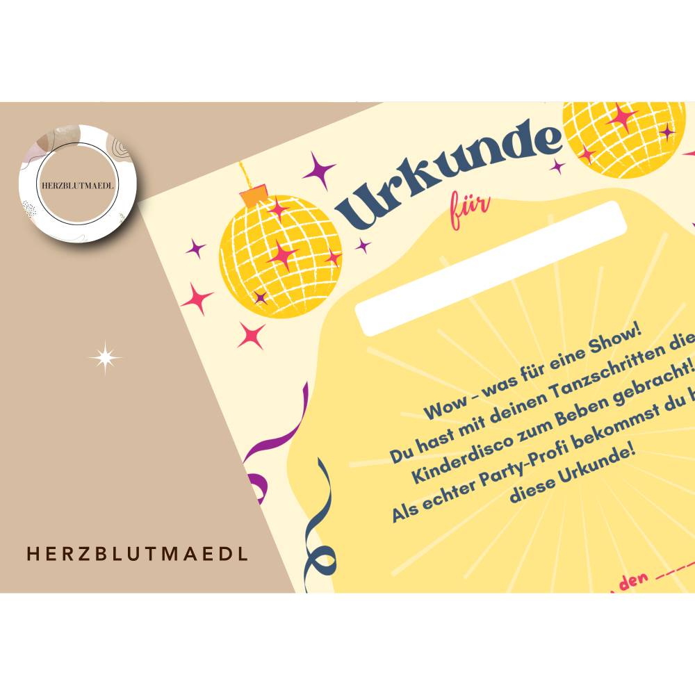 Urkunde für Kinderdisco – Teilnahmeurkunde für Kindergeburtstag, Tanzparty & Kinderdisco in Gelb Bild 5