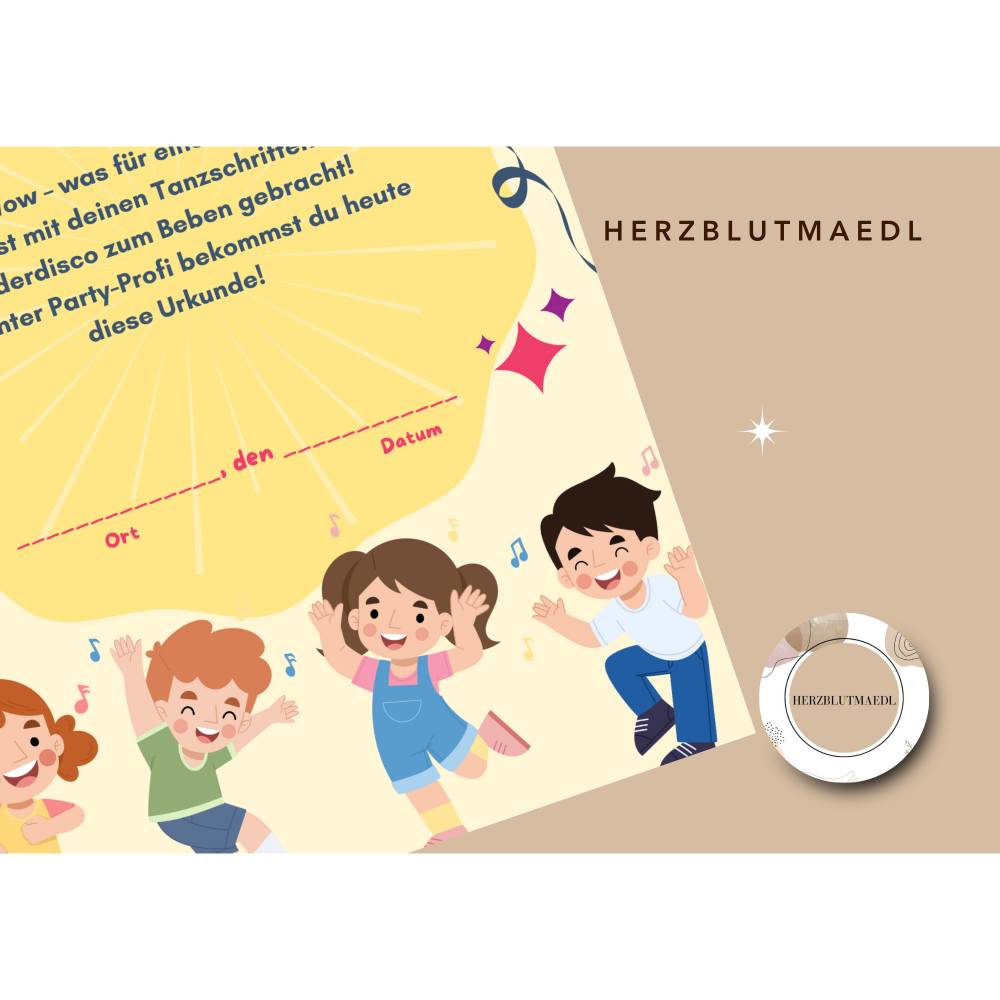 Urkunde für Kinderdisco – Teilnahmeurkunde für Kindergeburtstag, Tanzparty & Kinderdisco in Gelb Bild 7