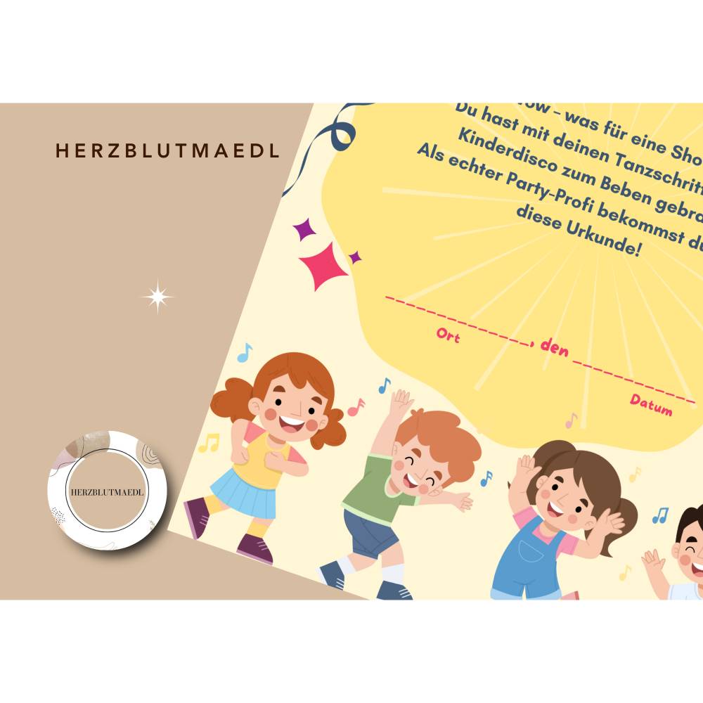 Urkunde für Kinderdisco – Teilnahmeurkunde für Kindergeburtstag, Tanzparty & Kinderdisco in Gelb Bild 8