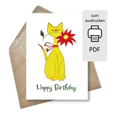 Geburtstagskarte zum Ausdrucken Katze – Glückwunschkarte als Postkarte & Klappkarte - PDF