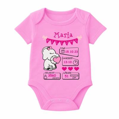 Kurzarm Baby Body personalisiert mit Motiv Elefant GIRL und Geburtsdaten deines Kindes