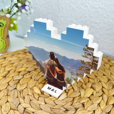 Personalisierter Fotoblock aus Klemmbausteinen in Herzform mit eigenem Bild LEGO Foto Puzzle Geschenkidee für Paare