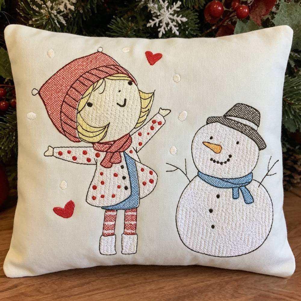 Stickdatei Winter Mädchen mit Schneemann – Set 985 | Maschinenstickerei für Kissen, Shirts & Accessoires Bild 1