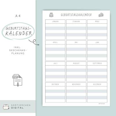 Geburtstagskalender immerwährend | Geburtstagsplaner zum Ausdrucken A4 | Geburtstage & Geschenkideen planen | PDF 