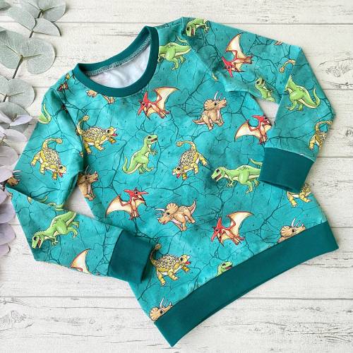 Dinosauriershirt in petrol, Longsleeve oder T-Shirt mit T-Rex, Triceratops & Flugsauriern, Wunschgröße 68 - 158
