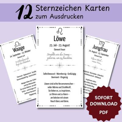 Sternzeichen Karten PDF – 12 ausdruckbare DIY Kärtchen mit Bedeutung & Sprüchen