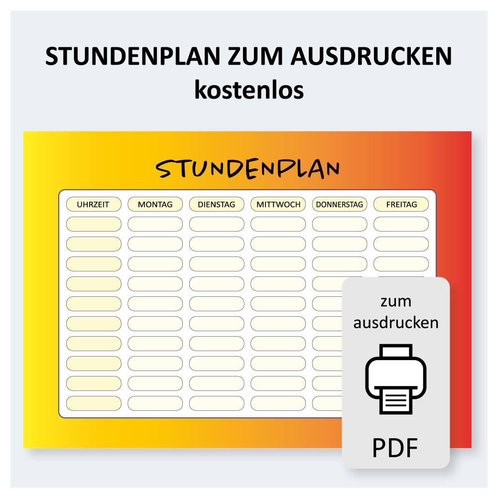 Stundenplan PDF-Vorlage Gelb-Rot DIN A4 kostenlos zum Ausdrucken