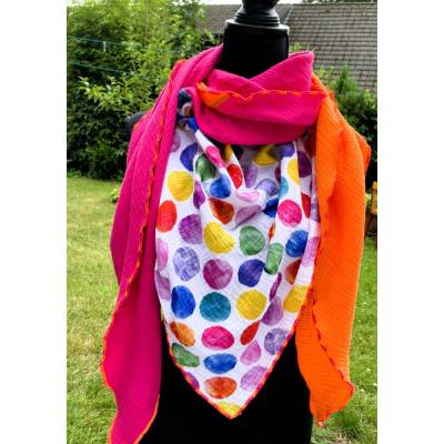 Grosses Dreiecktuch aus Musselin mit bunten Punkten, pink und orangefarbenem Musselin und einer 2-farbigen Neon Umrandun