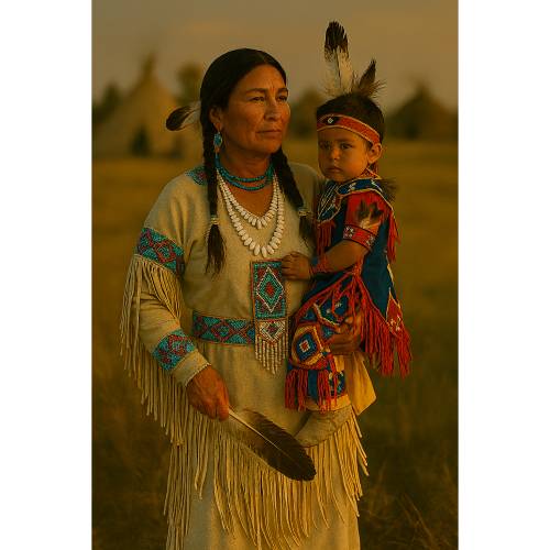 Würde des Windes (8) – Mutter mit Sohn in Tanzkleidung vor dem Dorf