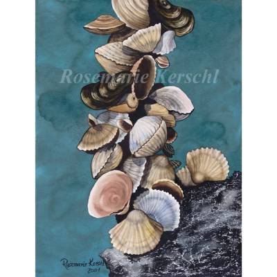 Aquarellbild Muscheln handgemalt 40 x 38 cm Hochformat Unikat von Galerie Rosemarie Kerschl