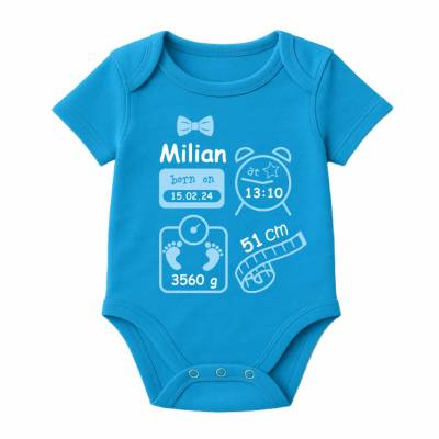 Kurzarm Baby Body personalisiert mit Motiv WELCOME BOY und Geburtsdaten deines Kindes