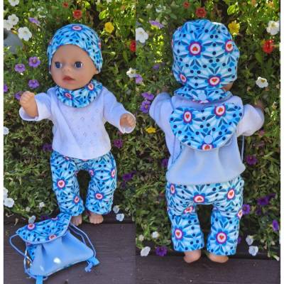 Stickdatei Puppenkleidung Baby Puppe 36cm – Set Halstuch, Mütze, Hose, Rucksack mit Anleitung – Design by Jasmina
