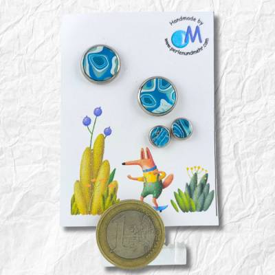 Handgemachte Edelstahl Ohrstecker Unikate – Farblich abgestimmte Paare in petrol, verschiedene Größen PP4