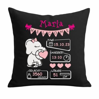 Kissen 40x40 cm WELCOME GIRL personalisiert mit Geburtsdaten