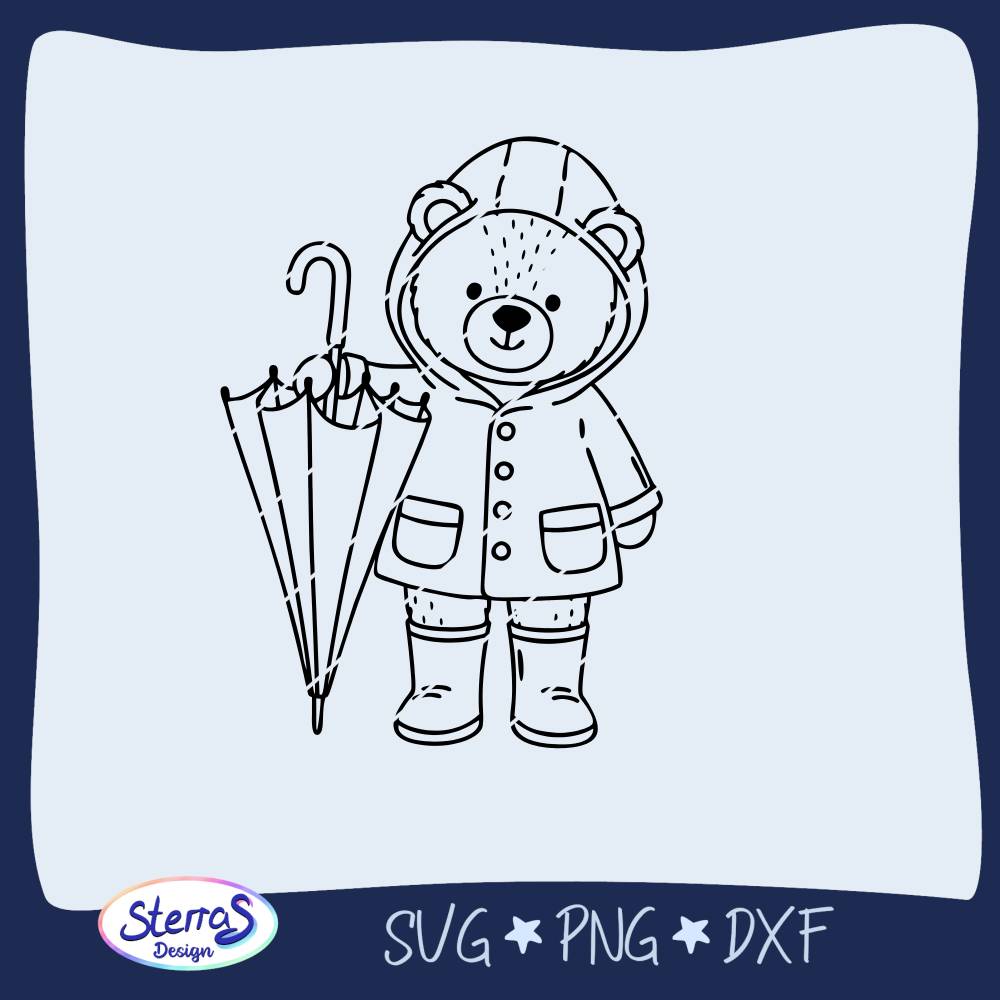 Plotterdatei Bär mit Regenschirm – SVG DXF PNG – Regenjacke und Gummistiefel – Herbst Motiv Bild 1
