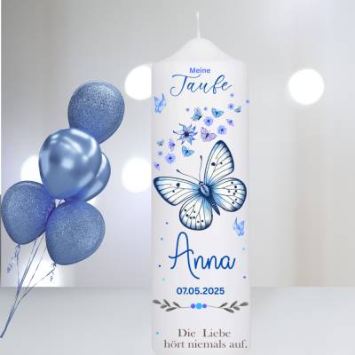 Taufkerze Schmetterling blau personalisiert 25x8cm|Name,Datum,Taufspruch|Kerze Taufe Mädchen&Jungen|Patenkerze