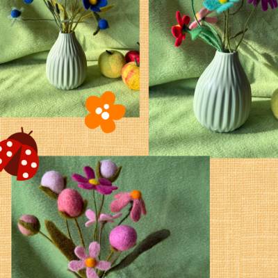 Gefilzter Blumenstrauß in Keramikvase – handgemacht in Blau, Rosa-Violett oder bunt, liebevolle Deko