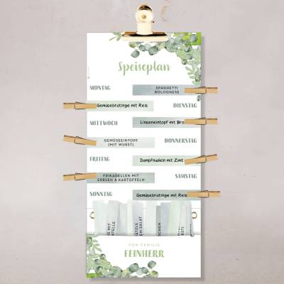 Speiseplan »Blätter« – Personalisierter Wochenplaner für Familien –  Essensplan mit Klammern & Kaertchen