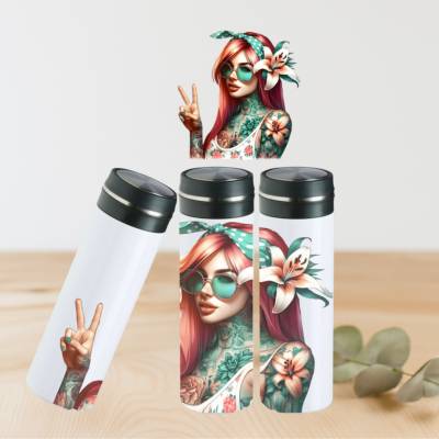 “Personalisierte Thermosflasche mit Tattoo-Style Design – Edelstahl Trinkflasche 450 ml – Geschenkidee für Trendsetter