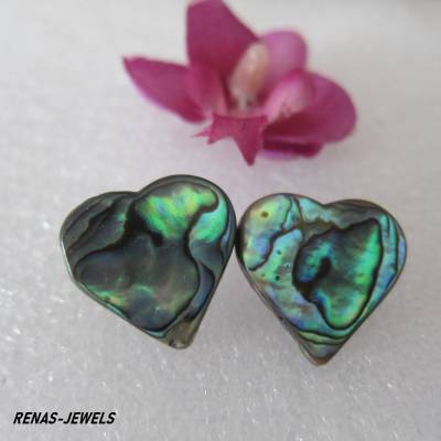 Abalone Paua Perlmutt Ohrstecker – Herz Regenbogen Muschel Ohrringe, 20 mm, Unikat