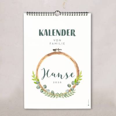 Familienkalender 2026 personalisiert – "Blätter Aquarell", Wandkalender A4/A3 mit Namen, 1–6 Spalte