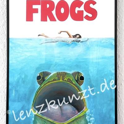 FROGS - Das Plakat zum Film, Froschbild, witziges Bild, Popart, Kinoplakat mit Frosch, Froschplakat; Jaws, Haifilm, Hai