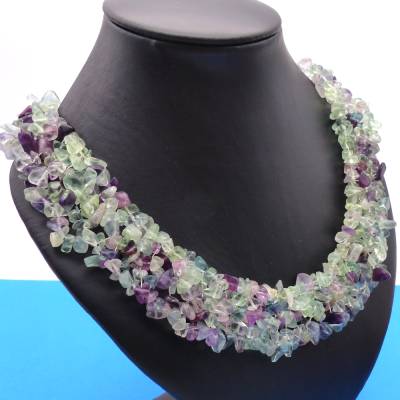 mehrreihige Splitterkette, Flourit, grün, violett, Halskette, 45 cm, Chips, Edelsteinkette
