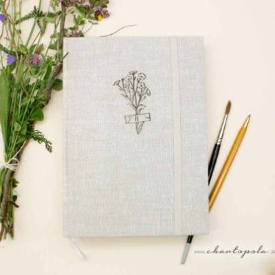 Handgebundenes Aquarell-Skizzenbuch A5 mit Flachsblume | Leinen gebunden | 200g/m² Papier für Aquarell & Gouache
