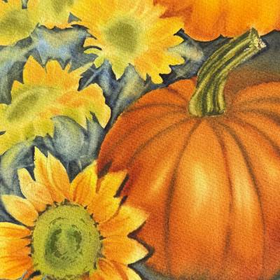 Original Aquarell "Kürbisse mit Sonnenblumen" | 19,5 x 23 cm
