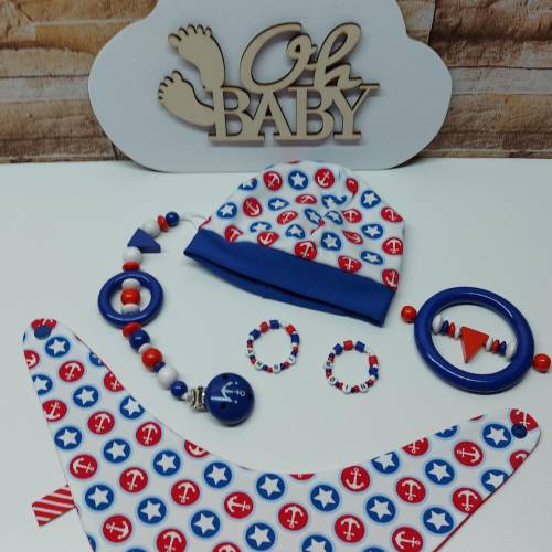 Babyausstattung Erstausstattung Mützchen Beanie Spucktuch Halstuch Geschenk für Baby - maritim Anker und Sterne