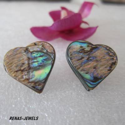 Abalone Paua Perlmutt Ohrstecker – Herz Regenbogen Muschel Ohrringe, 20 mm, Unikat