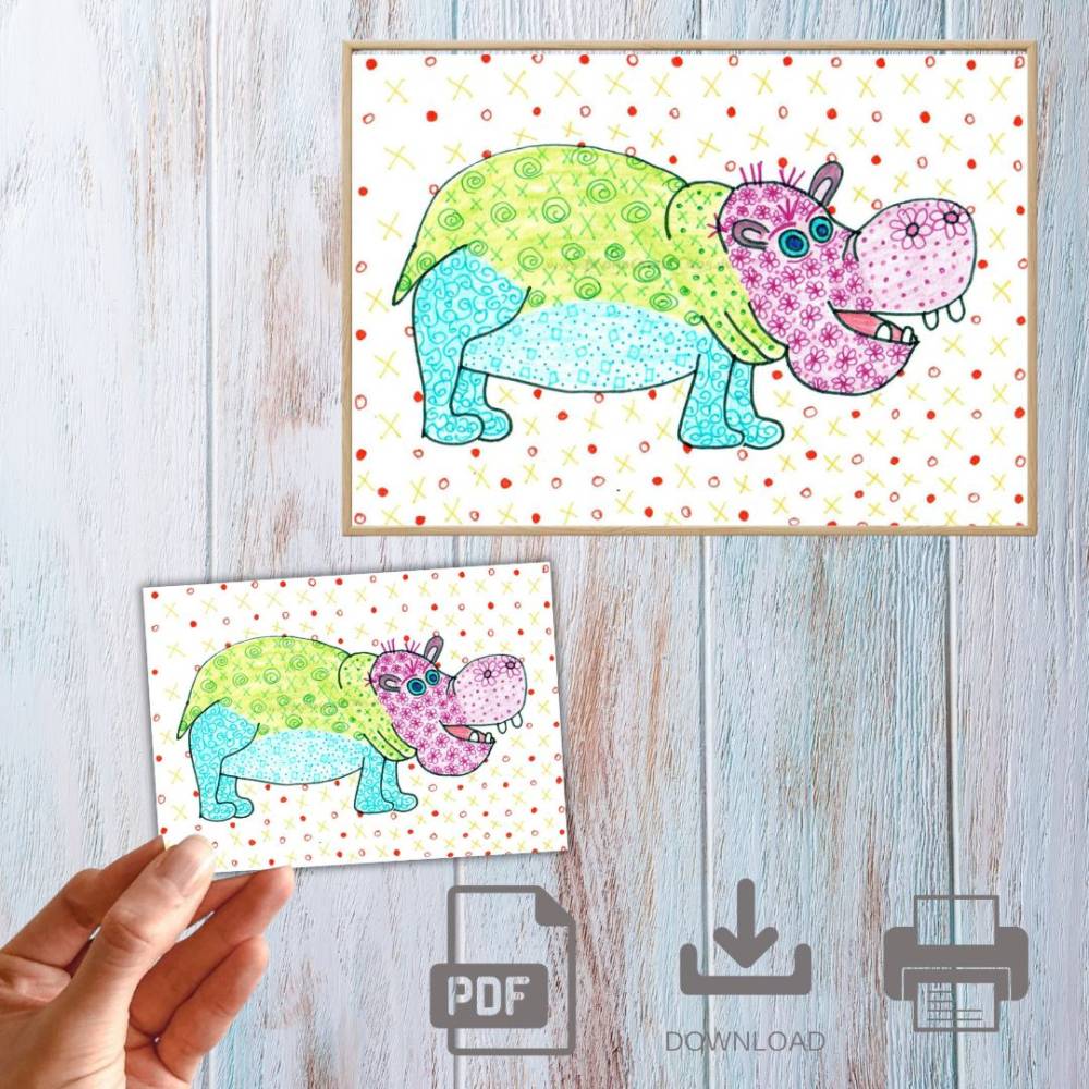 Postkarte, Poster, Illustration , Nilpferd, handgemalt, PDF Download Bild 1